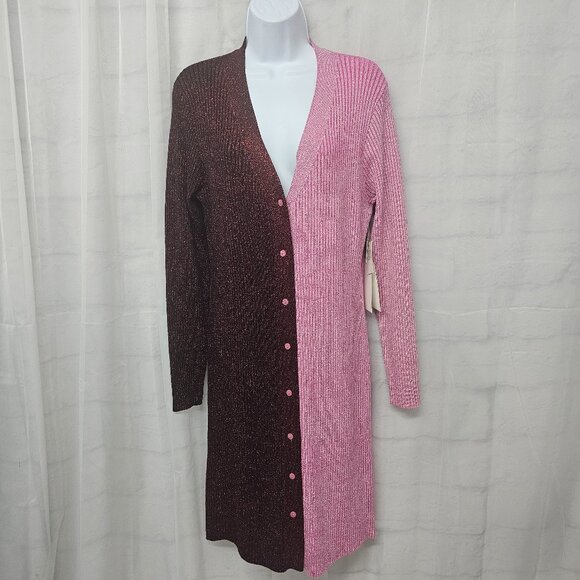 Cocobleu Cardigan Dress Pink Burgundy Metallic Ribbed Knit Colorblock L NWT - Picture 1 of 11